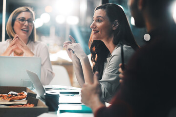 Poster - Leader, group or business people planning, discussion or brainstorming in startup at night. Team, collaboration or project strategy on laptop in meeting for creative copywriter with pizza on deadline
