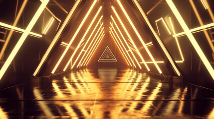 Futuristic Neon Triangle Tunnel with Reflective Floor. Generative AI	