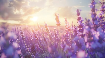 Wall Mural - purple flowers in a field under a blue sky