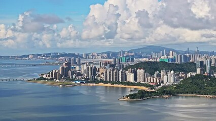 Wall Mural - Beautiful coastline and city skyline with modern building scenery in Zhuhai, Guangdong Province, China. Aerial view.