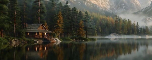 Sticker - a serene mountain lake surrounded by lush green trees and a small cabin with a gray roof, reflected in the calm waters