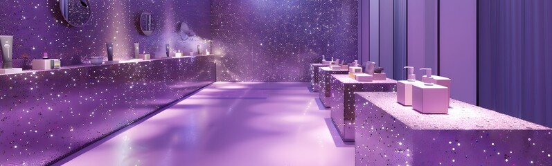 Abstract purple sparkling glitter wall and floor perspective background studio with blur bokeh.luxury holiday backdrop mock up for display of product.holiday festive greeting card. 