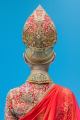 Wall Mural - Back view of traditional Asian attire with ornate headgear against a bright blue background, showcasing cultural heritage and intricate design.