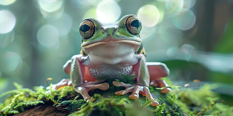 Wall Mural -  Vivid Frog Sitting on Moss with Bokeh Background Creating an Enchanting and Dreamlike Nature Scene