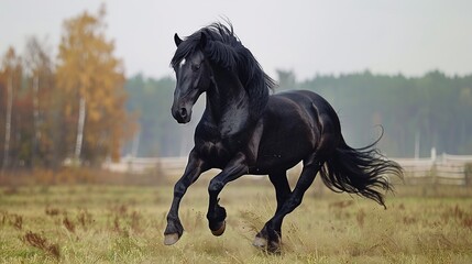 Naklejka na meble Beautiful black horse playing on a grassy field during a sunny day