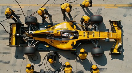 Professional pit crew ready for action as their team's race car arrives in the pit lane during a pitstop of a car race, concept of ultimate teamwork