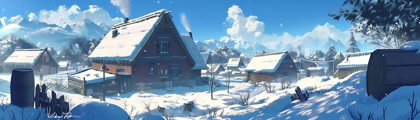 a snowy village with a blue building and roof, surrounded by a large green tree, under a blue sky