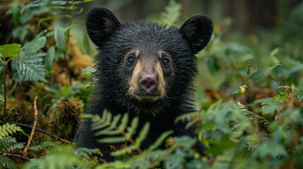 Wall Mural - A black bear cub is standing in a forest with its head up and looking at the camera