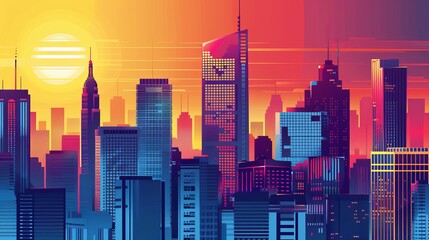 Wall Mural - A pop art retro vector illustration of a city skyline at sunset or sunrise, capturing tall modern buildings in an urban background