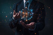 © Ninukaz - Businessman Holding Holographic Digital Network Globe Connections in His Hands with Glowing Data Lines