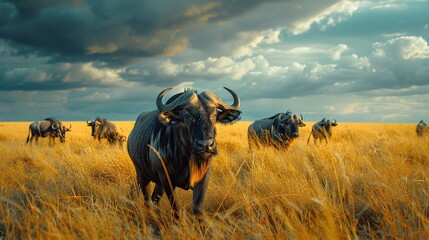 Wall Mural - A herd of wildebeest are standing in a field with a cloudy sky in the background