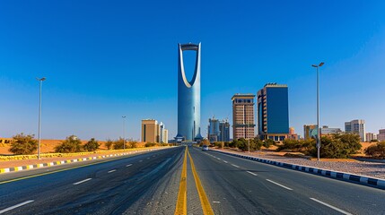 Daytime landscapes of the Kingdom of Saudi Arabia, highlighting the Riyadh Tower (Kingdom Tower) and the Riyadh skyline during the day