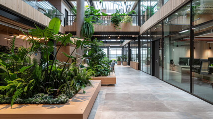 Corporate headquarters with a blend of modern architecture and natural elements, promoting a green workplace