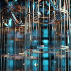 Poster - Abstract close-up of metallic cages with artistic light effects. Modern art and design elements in a sleek, industrial setting.