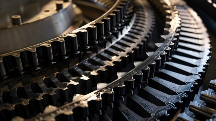 Poster - Conveyor belt gears, close-up, intricate metal work, soft, diffused light.