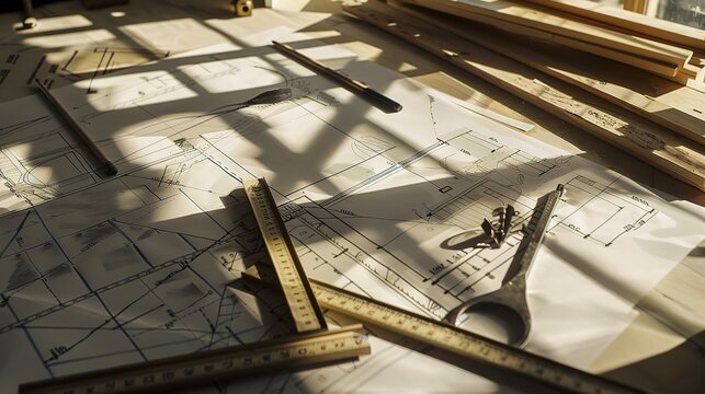 Blueprints and measuring tools spread on a drafting table, precise, clear light. 