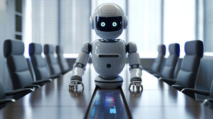 Poster - Futuristic Humanoid Robot Presenting Data in a Modern Corporate Boardroom