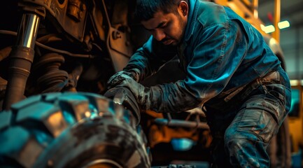 A mechanic is working on the undercarriage