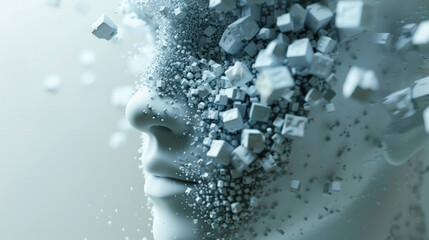 Poster - Ethereal Cubic Digital Face Disintegration - Concept of AI and Data Abstracted