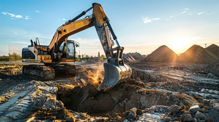 excavator breaking ground on a new construction site, surrounded by piles of dirt