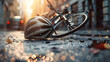 © Daniel - Urban scene with a bike crash road accident lying on the ground, with broken bike and helmet in the middle of the city. Bike crash road accident