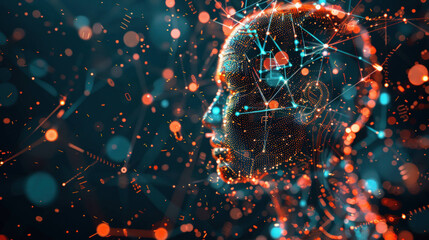 Poster - Digital Mind: Human Head with Network Connections Illustrating AI and Big Data Analysis