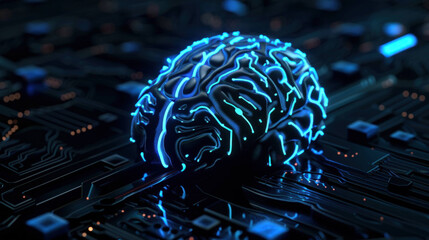 Poster - Illuminating the Future: 3D Digital Brain with Neon Circuits Symbolizing Advanced AI Technology on Black Background