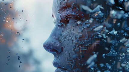Poster - Cybernetic Evolution - Fragmented Human Face with Pixelated AI Elements Illustrating Digital Transformation in Technology