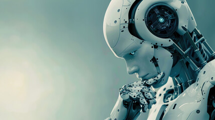 Poster - Contemplative Futuristic Robot - Symbolizing Deep AI Reflection and Thoughtful Contemplation