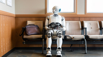 Poster - Futuristic Business Robot Sitting in Waiting Room with Briefcase, Symbolizing AI Integration in Corporate Environment