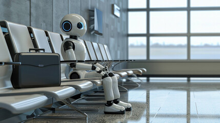 Poster - Modern AI in the Workplace: Robotic Businessman Waiting in Office Lobby with Briefcase