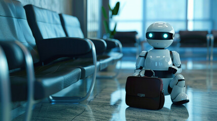 Poster - Artificial Intelligence in the Workplace - Business Robot Sitting in Waiting Room with Briefcase, Concept of Future Technology and Automation