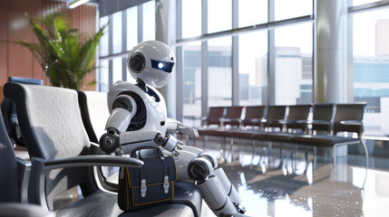 Poster - Modern Business Robot With Briefcase Sitting in Waiting Room, Symbolizing AI Integration in Workplace
