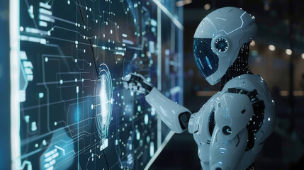 Poster - Futuristic Humanoid Robot Engaging with Digital Interface, Illustrating Cutting-Edge AI Technology