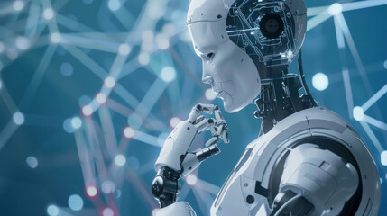 Poster - Futuristic Humanoid Robot Engaging with Digital Interface, Showcasing Advanced AI Technology