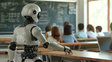 Poster - Futuristic AI Robot Teacher Engaging Students in a Technologically Advanced Classroom Setting