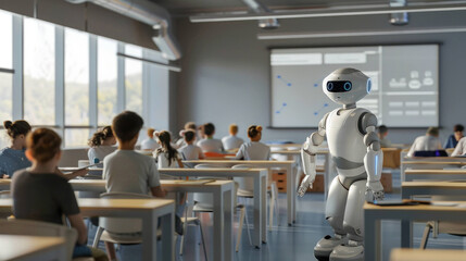 Poster - Futuristic AI Robot Teacher Leading Classroom Instruction for Students in Technology-Enhanced Learning Environment