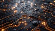 © nattapon - Close-up of a high-tech circuit board with glowing orange lines and integrated technologies, isolated on transparency PNG background, representing advanced electronics and connectivity.