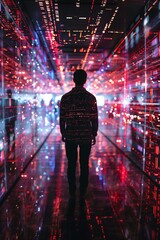 Wall Mural - Engineer walks through a futuristic server room surrounded by flowing data, casting a silhouette
