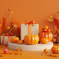 Canvas Print - 3d image orange background with pumpkin and gift box