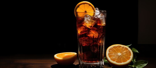Wall Mural - Dark cocktail with cola and oranges on black background. Creative banner. Copyspace image