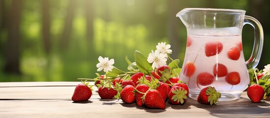 Wall Mural - Refreshing summer drink with Strawberry in jug and glasses on the vintage wooden table. Creative banner. Copyspace image