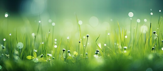 Wall Mural - green grass in meadow pasture with blur effect macro nature textured abstract background ecological value. Creative banner. Copyspace image