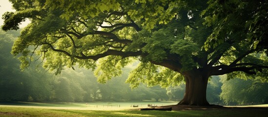 Common horse chestnut grows in a green park. Creative banner. Copyspace image