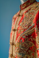 Close-up of traditional embroidered red garment with intricate golden patterns on blue background. Ideal for cultural and fashion themes.