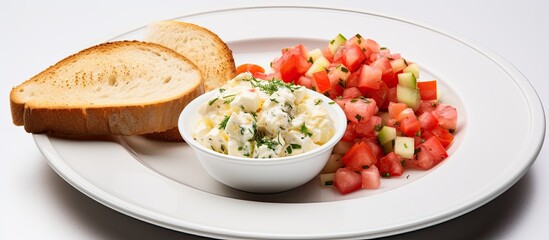 Wall Mural - russian salad with tomato and bread on a white plate. Creative banner. Copyspace image