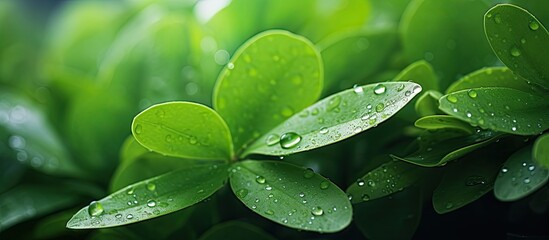 Poster - beautiful summer plant with raindrops on green leaves. Creative banner. Copyspace image