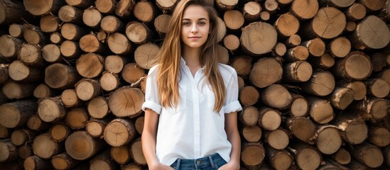 Sticker - a girl in jeans and a white blouse against a wooden log wall. Creative banner. Copyspace image