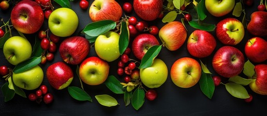 Aufkleber - Top view on delicious red yellow and green organic apples with leaves. Creative banner. Copyspace image