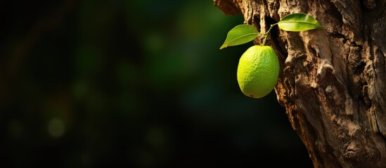 Green fruit from the trunk. Creative banner. Copyspace image